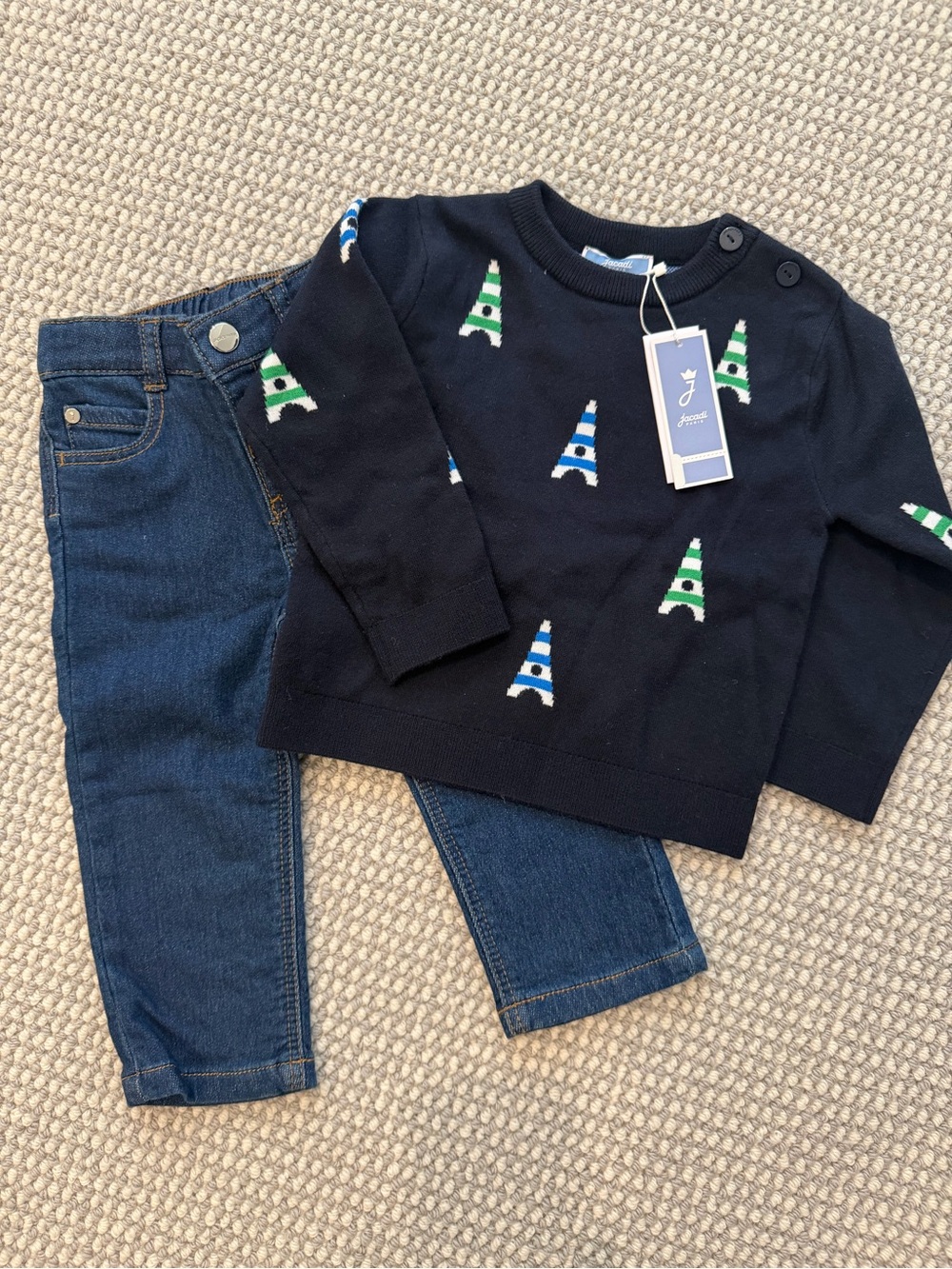 NWT Jacadi Baby Boy Outfit Navy Cotton Sweater and Stretch Jeans 18M